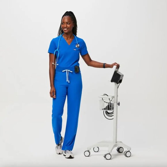 Figs Royal Blue Catarina Top + Livingston Straight Leg Pants Scrubs Medical Set - Picture 1 of 8